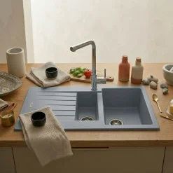 Évier granit gris ALBEY 1 bac et demi - 1 égouttoir