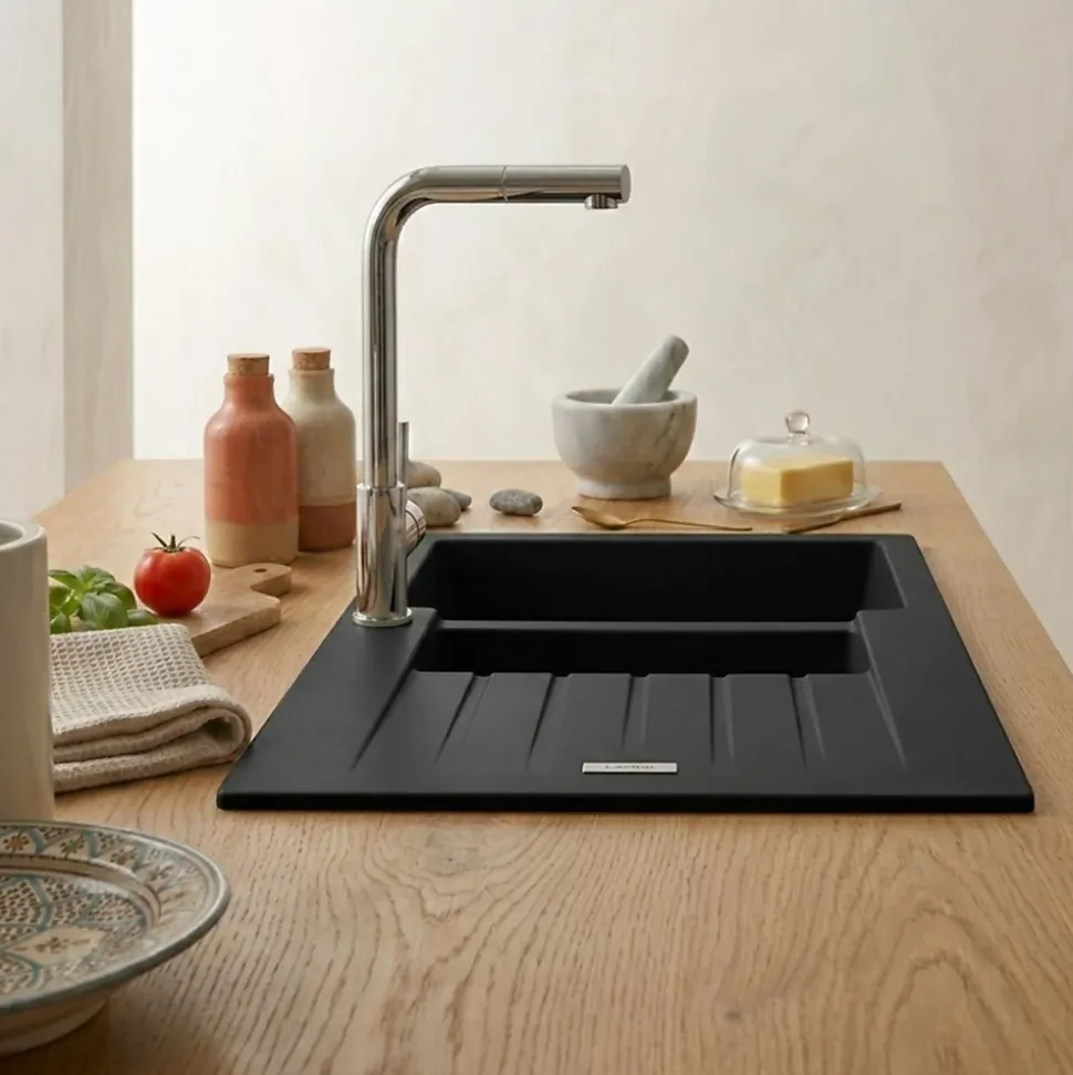 Évier granit noir ALBEY 1 bac et demi - 1 égouttoir