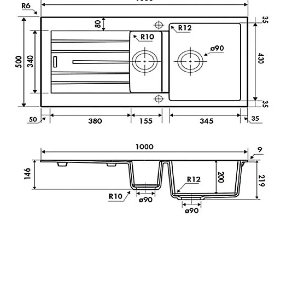 Évier granit noir ALBEY 1 bac et demi - 1 égouttoir