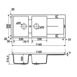 Évier granit noir Luisina TAM TAM 2 bacs 1 égouttoir
