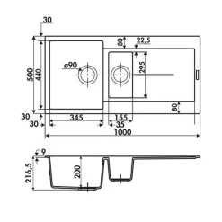 Évier granit noir Luisina TAM TAM 1 bac et demi - 1 égouttoir