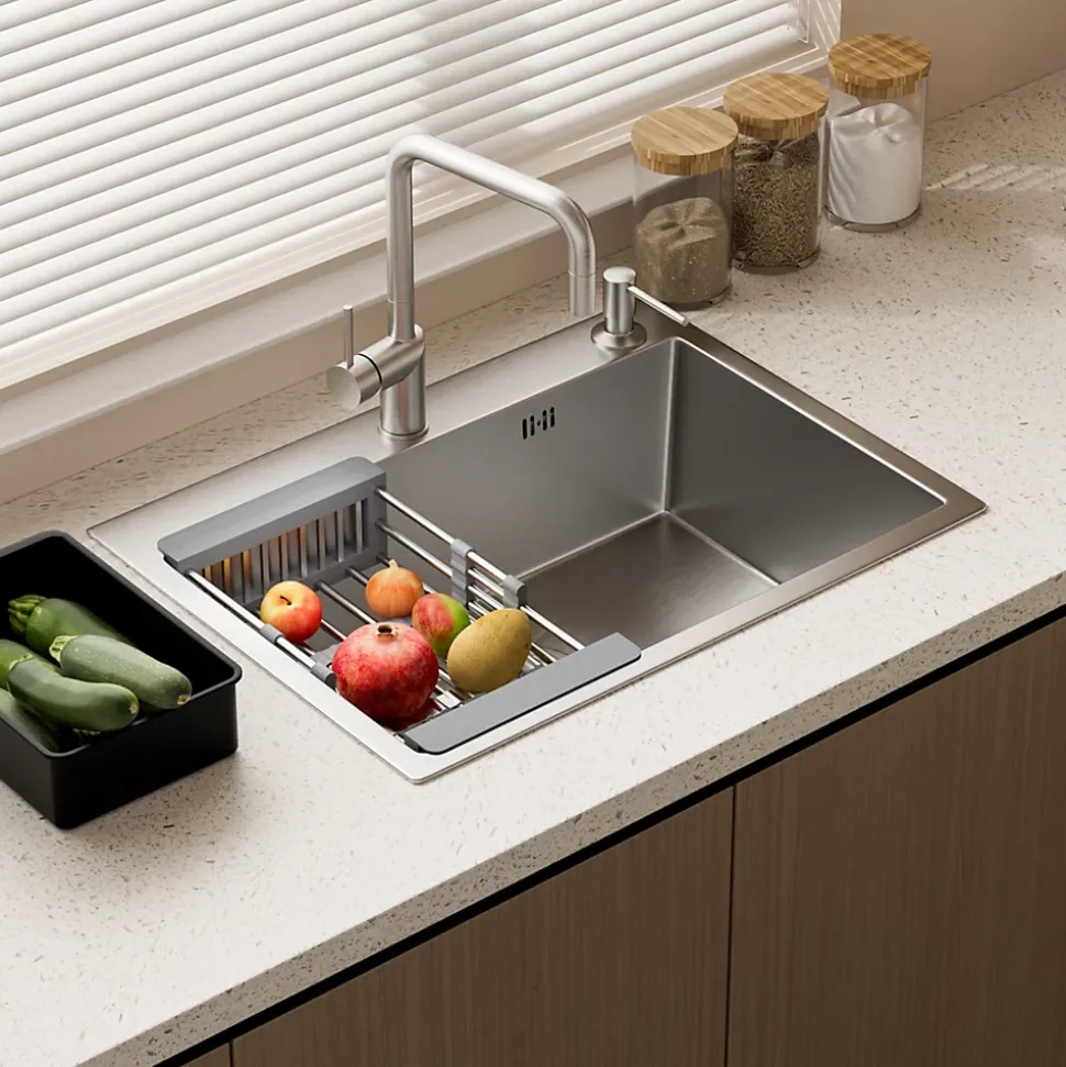 Évier Inox 1 Bac 55x45x19 cm Argent - Évier Encastrable Moderne, Facile à Nettoyer avec Panier & Percé