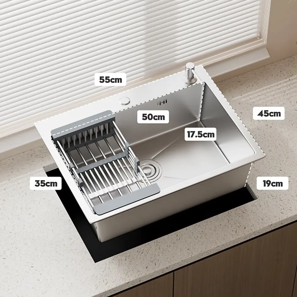 Évier Inox 1 Bac 55x45x19 cm Argent - Évier Encastrable Moderne, Facile à Nettoyer avec Panier & Percé