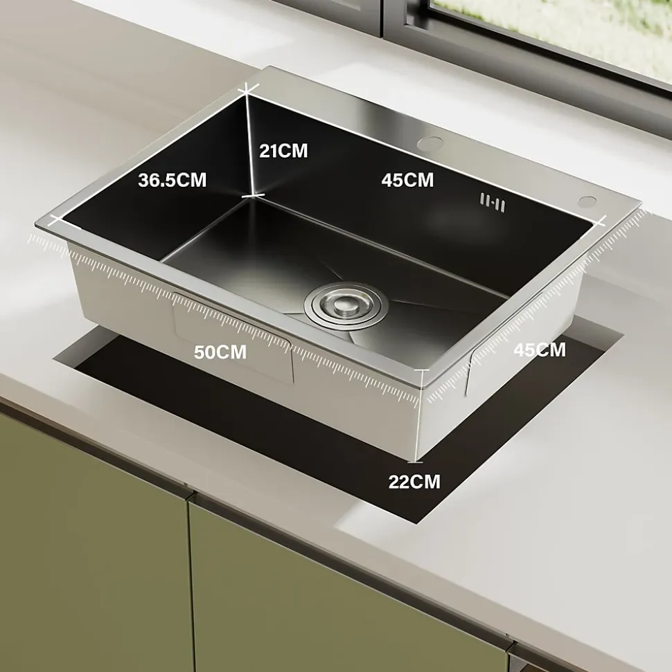 Évier Inox 1 Bac 50x45x22 cm Gris Métallisé - pour Petite Cuisine & Camping-car - Prépercé avec Filtre