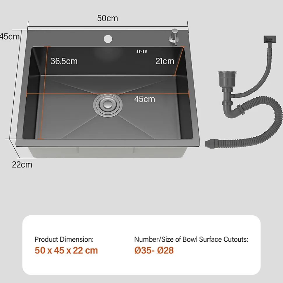 Évier Inox 1 Bac 50x45x22 cm Gris Métallisé - pour Petite Cuisine & Camping-car - Prépercé avec Filtre