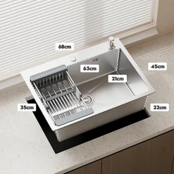 Évier multifonctionnel 70 x 45 x 22 cm avec égouttoir à tasses, distributeur de savon, panier de rangement et planche à découper
