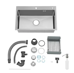 Évier multifonctionnel 70 x 45 x 22 cm avec égouttoir à tasses, distributeur de savon, panier de rangement et planche à découper