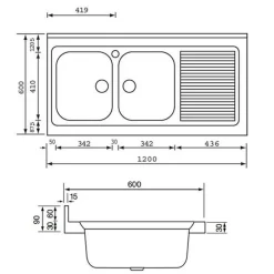 Évier professionnel à poser inox ROSSA 2 bacs 1 égouttoir droite