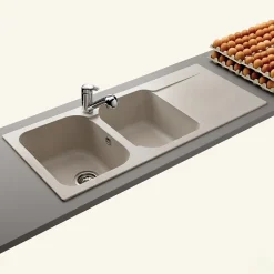 Évier résine beige moucheté Ewi ZIGGY 2 bacs 1 égouttoir