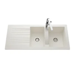 Évier résine blanc PLUTON 2 bacs 1 égouttoir avec plaque