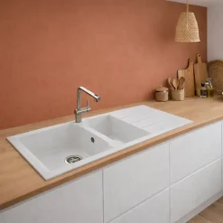 Évier résine blanc TUNIA 2 bacs 1 égouttoir