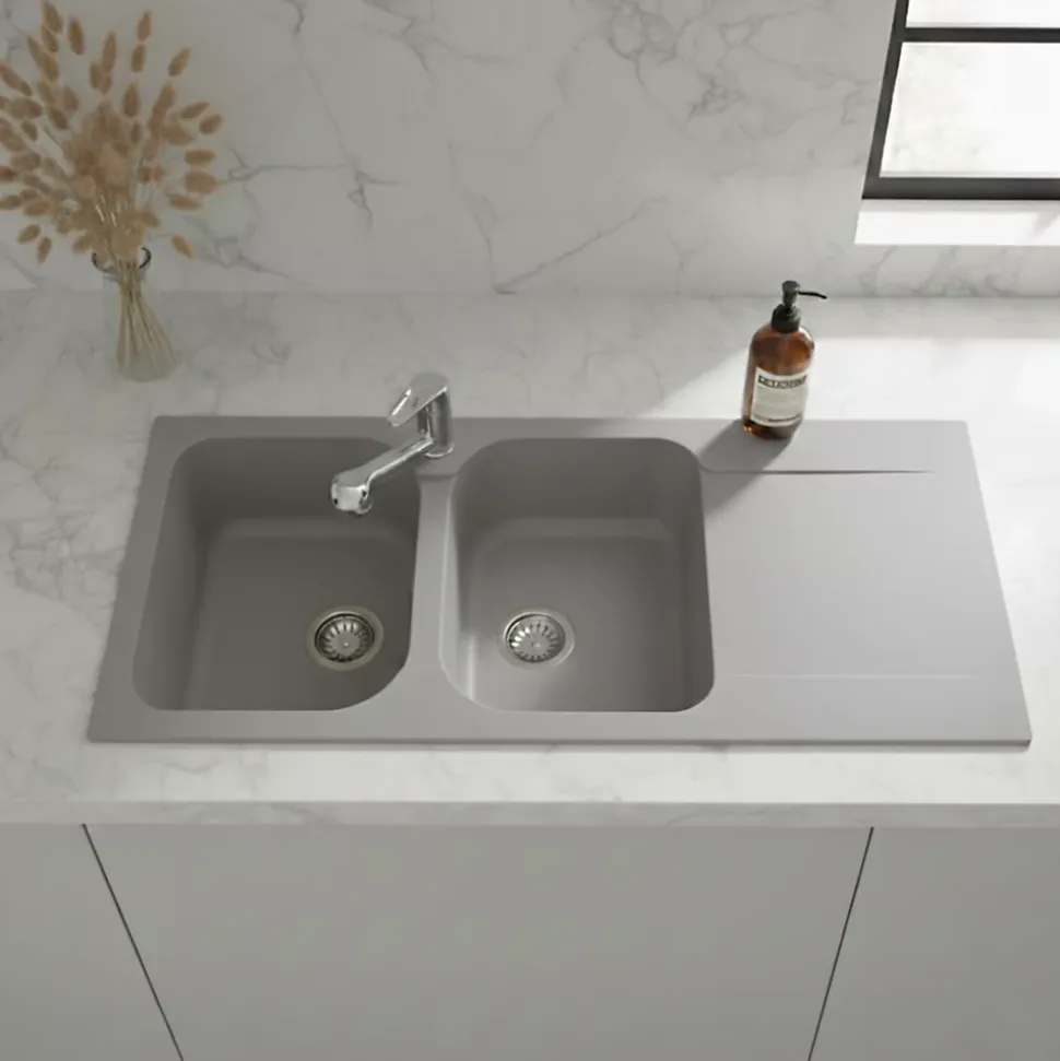 Évier résine gris clair Ewi ZIGGY 2 bacs 1 égouttoir