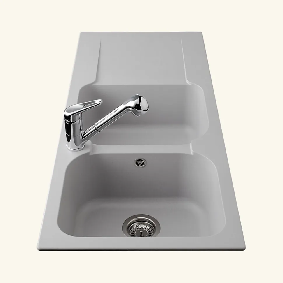 Évier résine gris clair Ewi ZIGGY 2 bacs 1 égouttoir