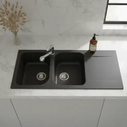 Évier résine noir légèrement moucheté Ewi ZIGGY 2 bacs 1 égouttoir