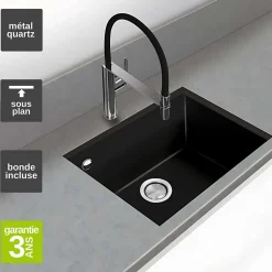Évier sous-plan 1 Cuve 69x40x20cm R5mm - Quartz Noir Mat - Quadra BE FRÉCAN