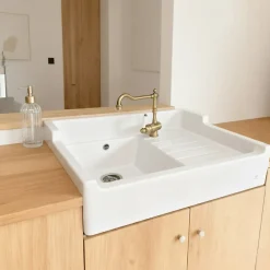 Évier timbre d'office céramique blanc LÉON 1 bac 1 égouttoir