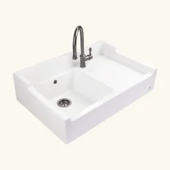 Évier timbre d'office céramique blanc LÉON 1 bac 1 égouttoir
