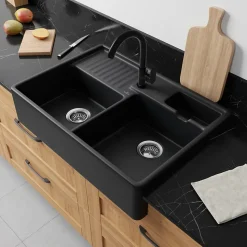 Évier timbre d'office de cuisine à poser 2 bacs Tradition Villeroy & Boch céramique noir mat