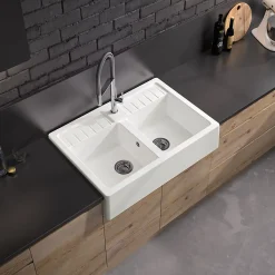 Évier timbre d'office de cuisine à poser 2 bacs Carea granit blanc glacial