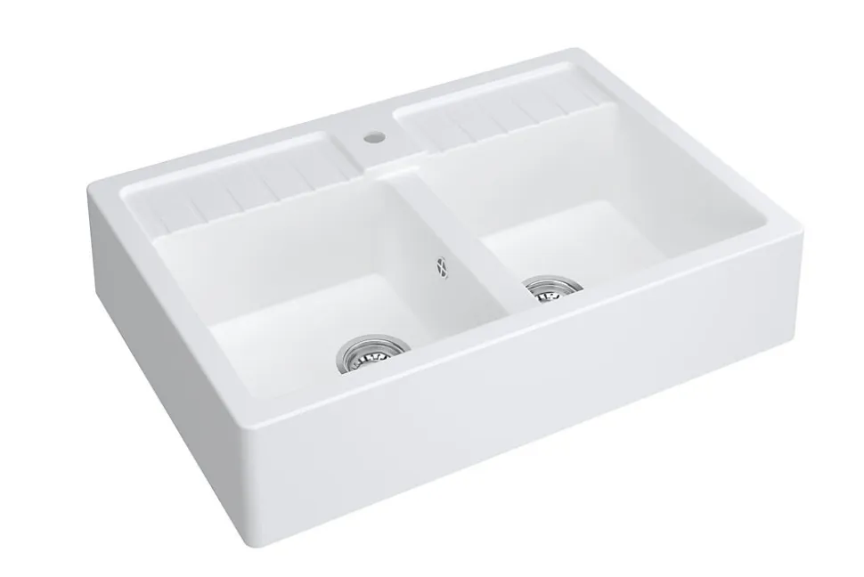 Évier timbre d'office de cuisine à poser 2 bacs Carea granit blanc glacial