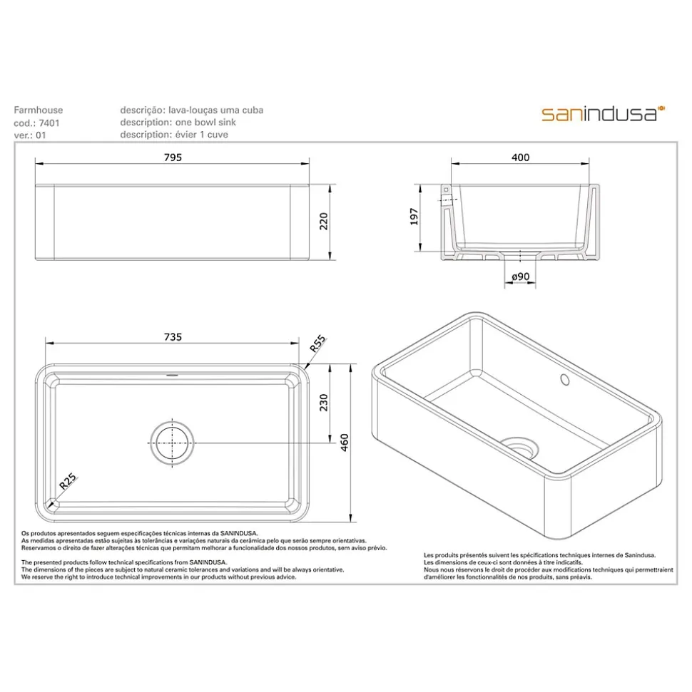 Évier timbre d'office grande taille 1 bac à poser ou à encastrer 80x46cm hauteur 22cm céramique SANINDUSA Farmhouse blanc