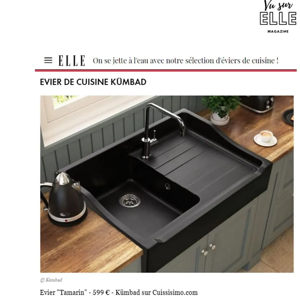 Évier timbre d'office granit noir Kümbad TAMARIN 1 bac 1 égouttoir