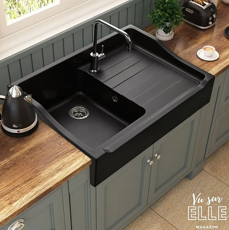Évier timbre d'office granit noir Kümbad TAMARIN 1 bac 1 égouttoir