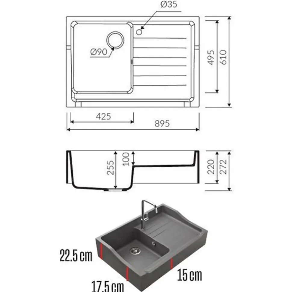Évier timbre d'office granit noir Kümbad TAMARIN 1 bac 1 égouttoir