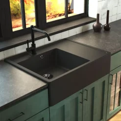 Évier timbre d'office granit noir Kümbad EWEN 1 bac 1 égouttoir à droite