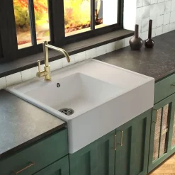 Évier timbre d'office granit blanc grisé mat Kümbad EWEN 1 bac 1 égouttoir à droite