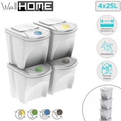 WELLHOME Lot de 4 poubelles-poubelles de recyclage, blanc cassé, 4 x 25 L