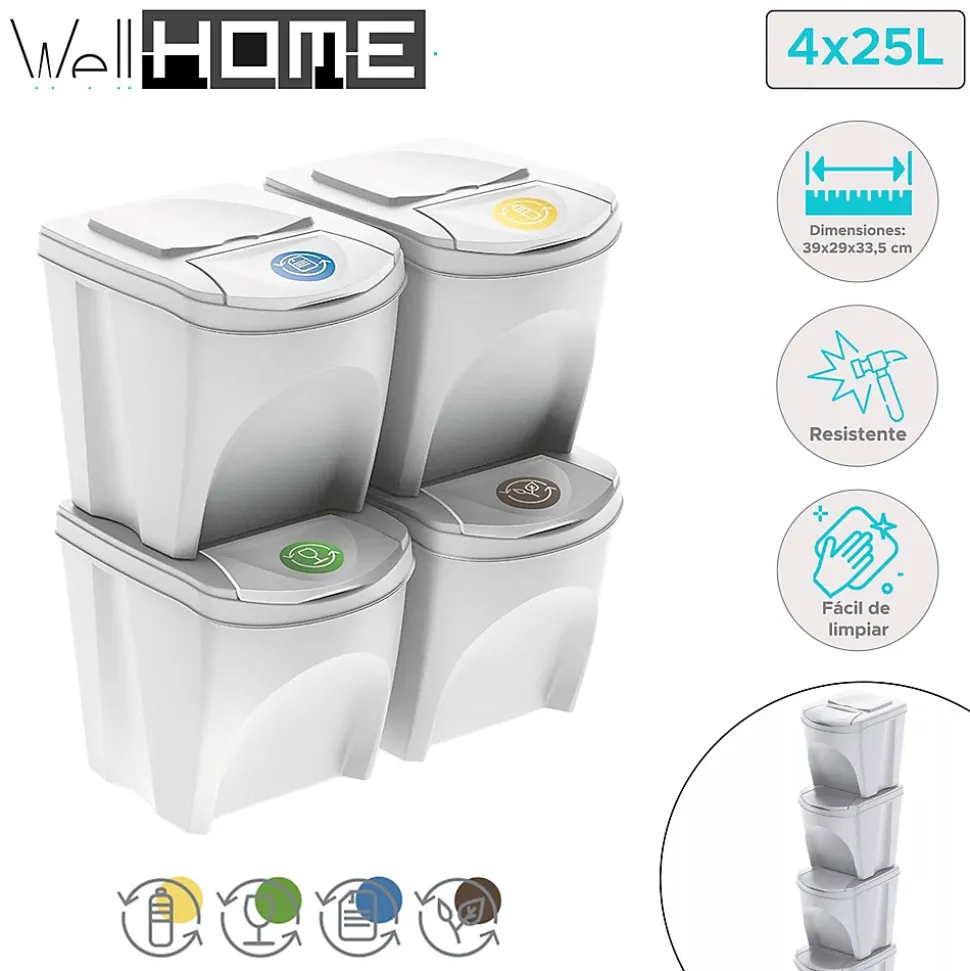 WELLHOME Lot de 4 poubelles-poubelles de recyclage, blanc cassé, 4 x 25 L