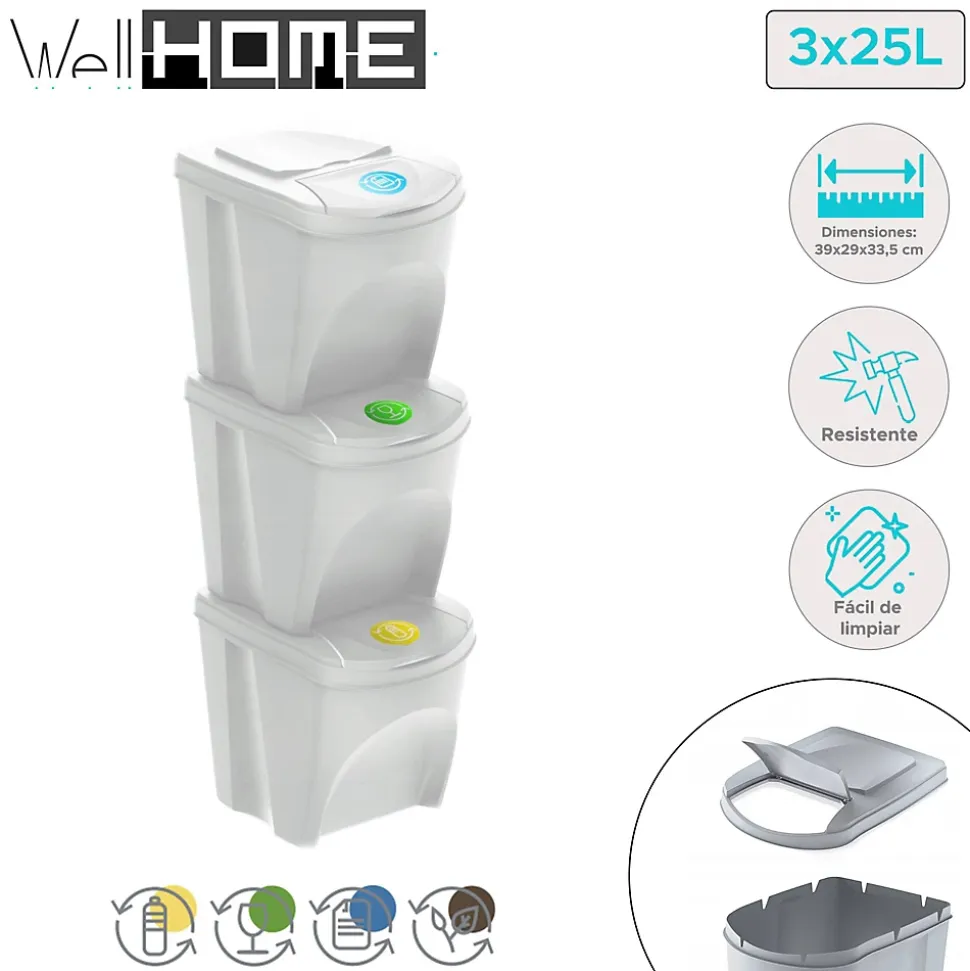 WELLHOME Lot de 3 poubelles blanc cassé, 3 x 25 L