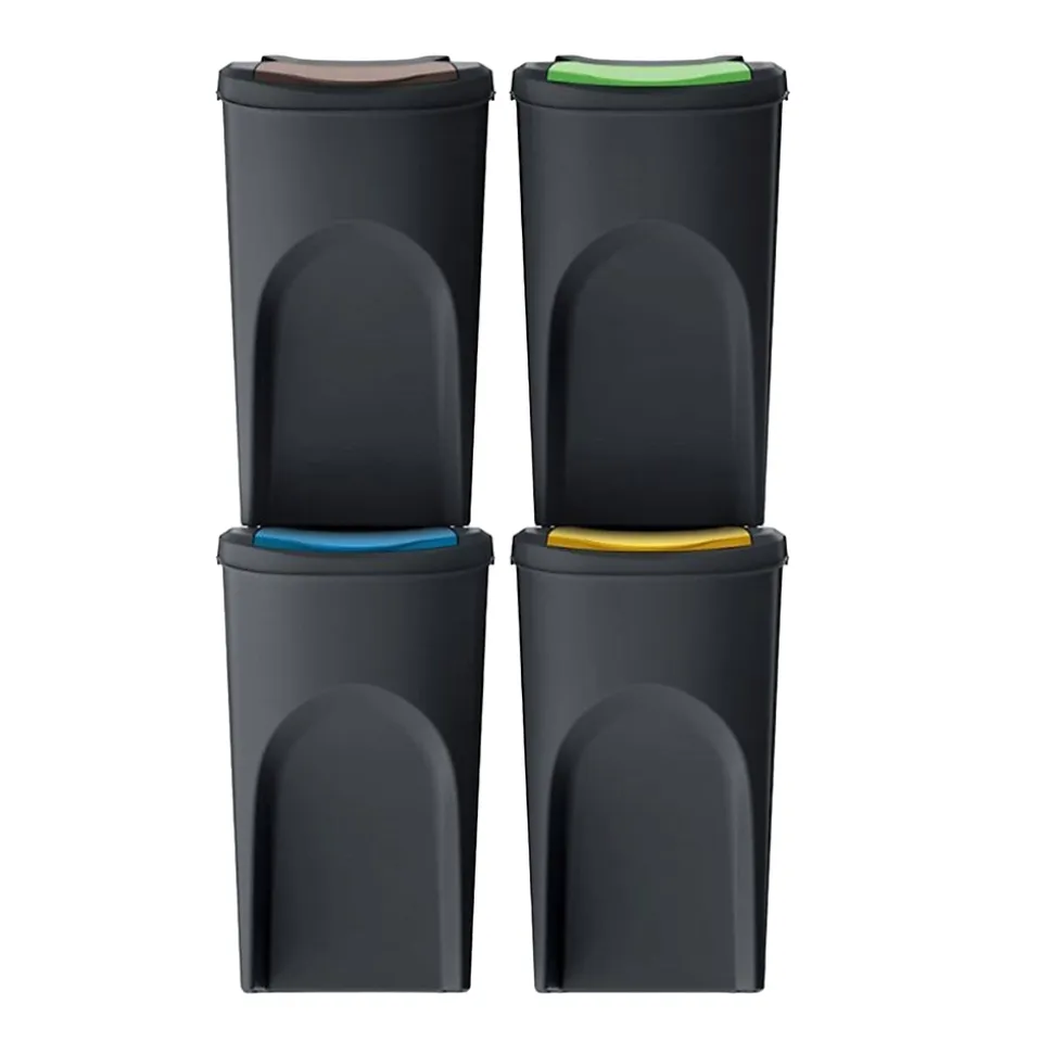 WELLHOME Lot de 4 poubelles, 100% plastique recyclé, noir, 4 x 35L