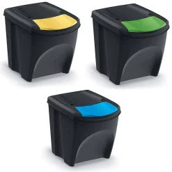 WELLHOME Lot de 3 poubelles en plastique 100% recyclé, noir, 3x 25L