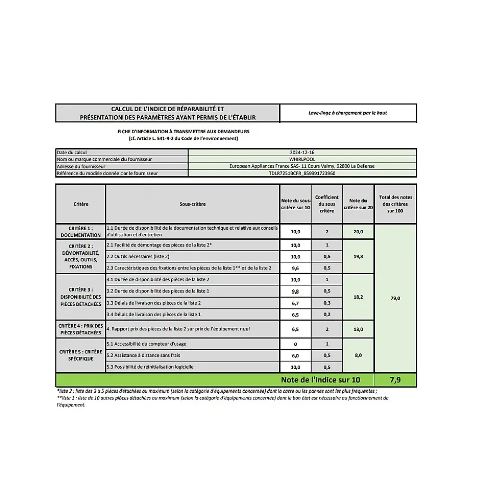 WHIRLPOOL Lave-linge top 7 kg 1200 tr/mn - TDLR7251BCFR