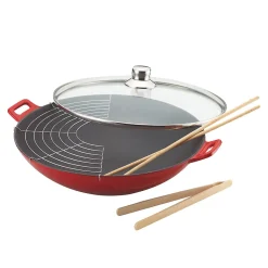 Wok fonte rouge 36 cm avec couvercle en verre