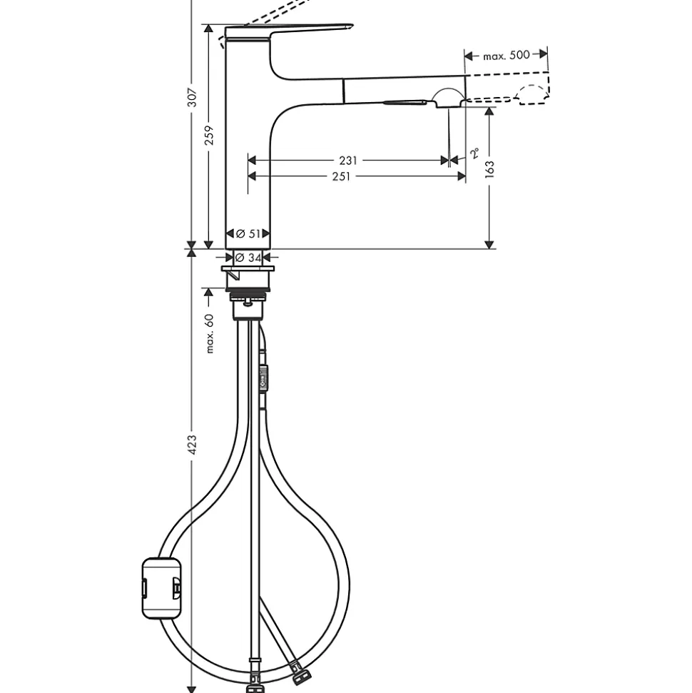 Zesis M33 Mitigeur de cuisine 160 avec douchette extractible 2 jets noir mat HANSGROHE 74801670